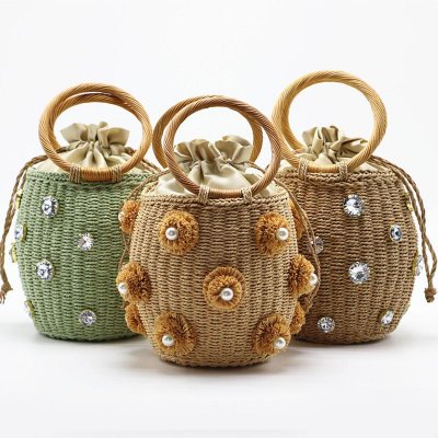 New Handmade Rhinestone Crystal Embellished Straw Bag Small Straw Bucket Bags Lady Travel Purses and Handbags