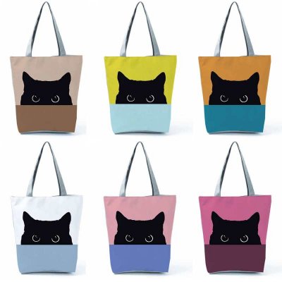 projekt sliczny podwojny kolorowy kot nadruk lniana duze torba z raczkami kobiety modna torebka szkola podrozy torby na zakupy na ramie Eco Shopper