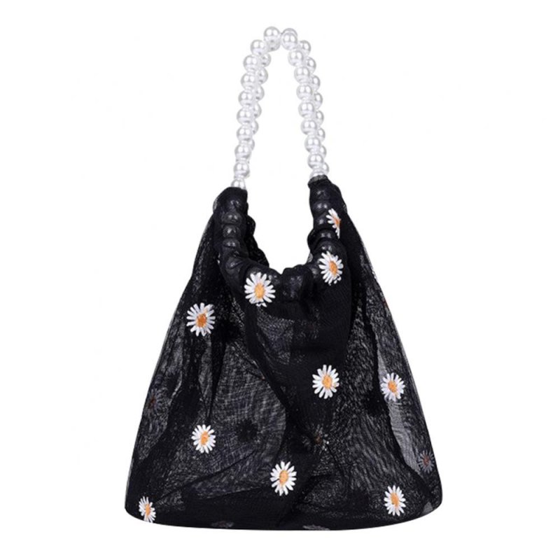 Mesh Daisy Embroidery Handbag Small Transparent Tote Bag Women Pearl Elegant Beach Summer Pouch Shopping Purse